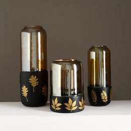 Amber smoked glass gold leaf candle stand