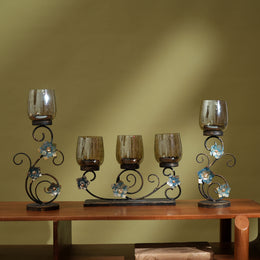 Floral Metal & Smoked Glass Candle Holder Set