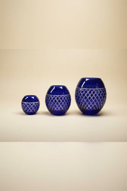 Sapphire Cut Glass Vase Trio