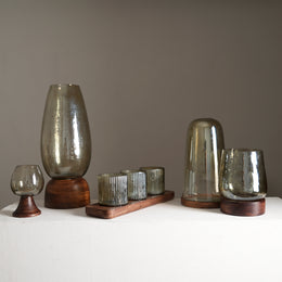 Smoked Glass & Wooden Candle Holder Set